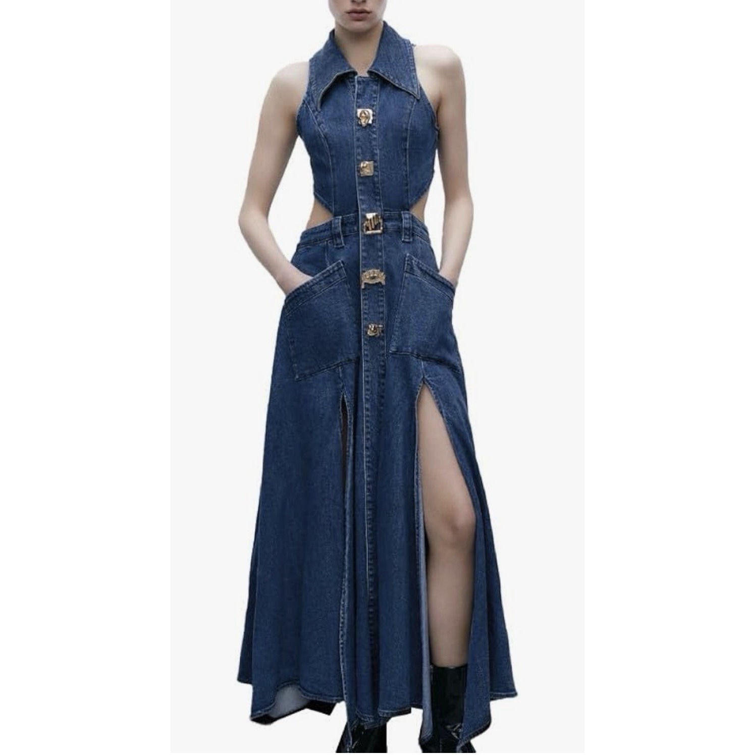 Nwt Urban Revivo Dark Blue Denim Maxi Dress With Button Front And Side Slits